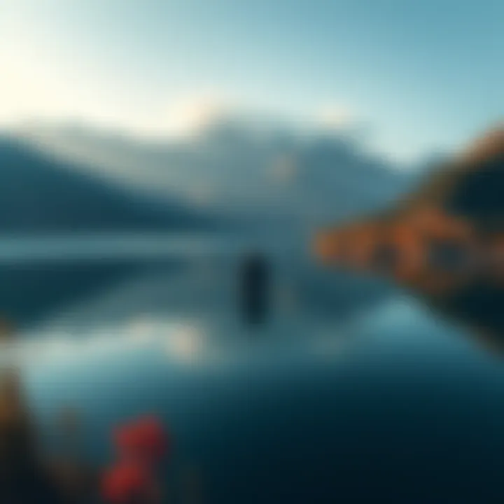 A serene view of Lake Tianchi with a shadowy figure suggesting a monster in the water, surrounded by mountains and trees.