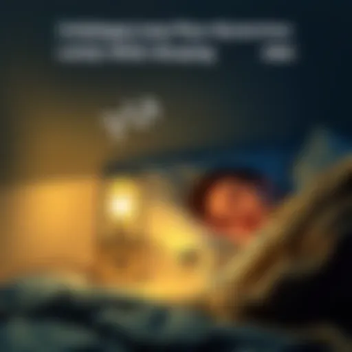 A bedside lamp glows softly, emitting musical notes as a person sleeps nearby.