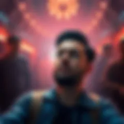 A character reacting to a surprising moment in Landman, surrounded by dramatic lighting and captivating background details