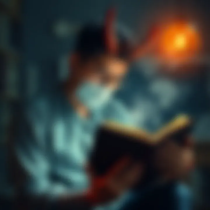 A person studying with a book while a friendly demon watches, symbolizing language learning with supernatural help.