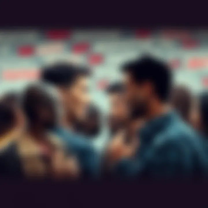 Language and Division A group of diverse people arguing while surrounded by words like 'normal' and 'abnormal', symbolizing language's impact on division.