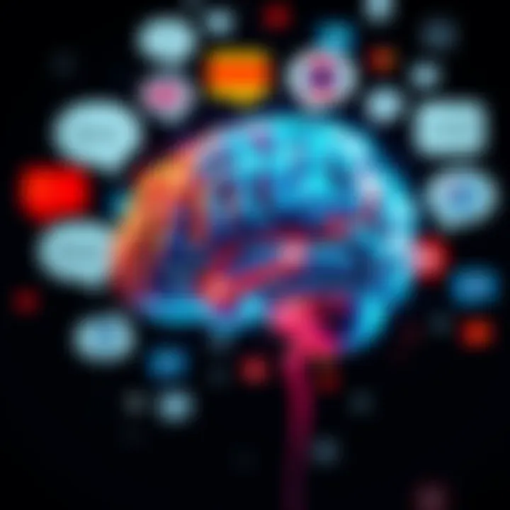A human brain surrounded by speech bubbles and symbols representing different languages, illustrating the connection between language and conscious thought.