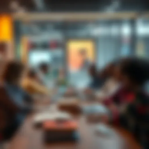A diverse group of people discussing translation challenges at a table with books and laptops