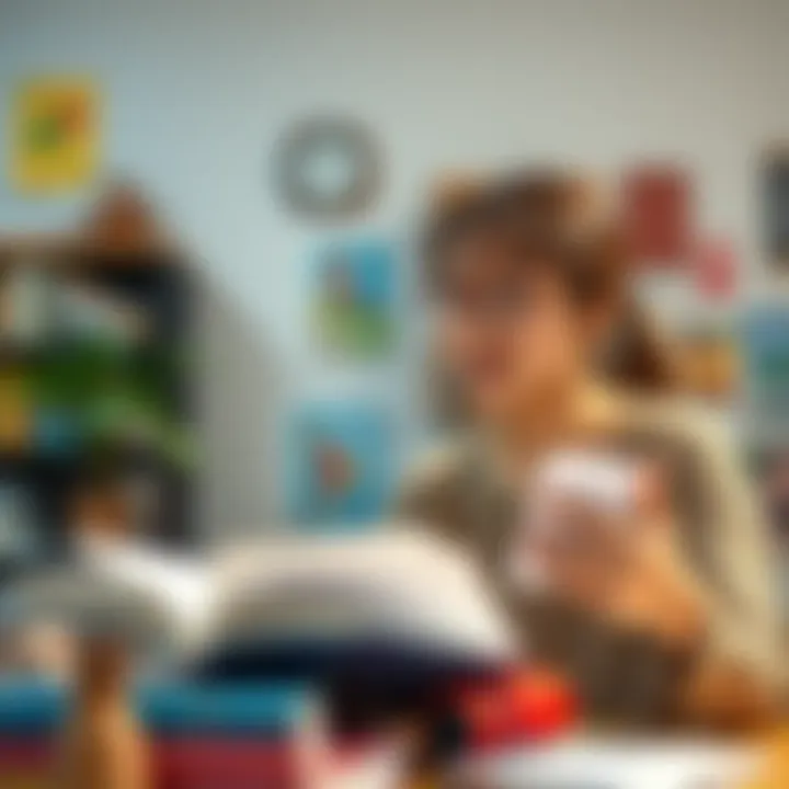 A person studying a language with books and flashcards, confidently practicing speaking