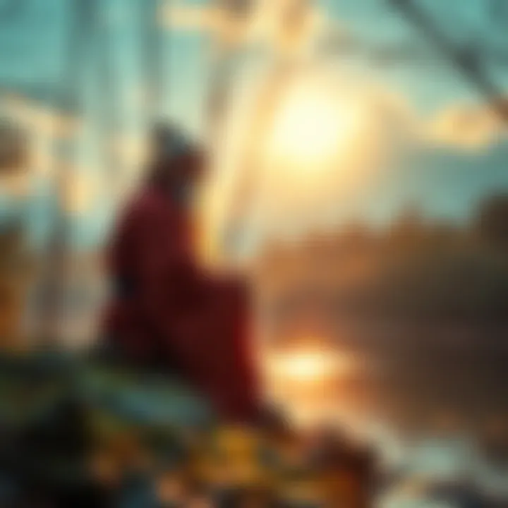 A serene scene of Lao Tzu sitting quietly by a river, surrounded by trees, reflecting and embracing silence.