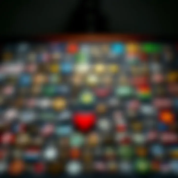 A collection of various lapel pins arranged neatly on a display board, showcasing different designs and colors.