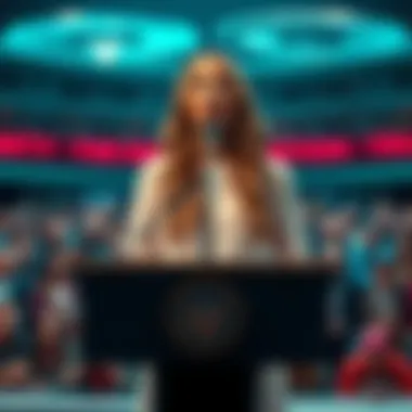 Lara Trump stands at a podium hinting about Donald Trump's upcoming speech on UFOs and extraterrestrial life, with a curious crowd in the background.