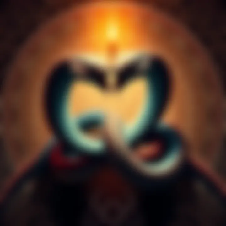 Two serpents intertwined, symbolizing Lararium with hints of ancient Roman motifs. The background features symbols of ancestry and fertility, representing the debate between Manes and Genius Loci.