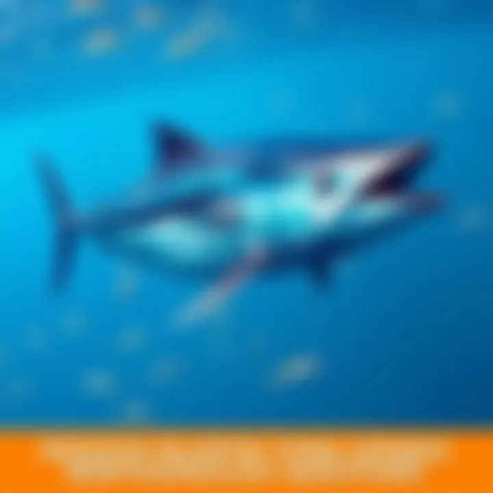 A massive 18-foot bluefin tuna swimming in clear blue water, showcasing its impressive size compared to surrounding fish.