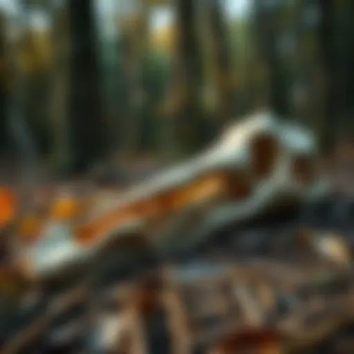 Large animal jawbone in the woods A massive jawbone lying on the forest floor, surrounded by leaves and trees