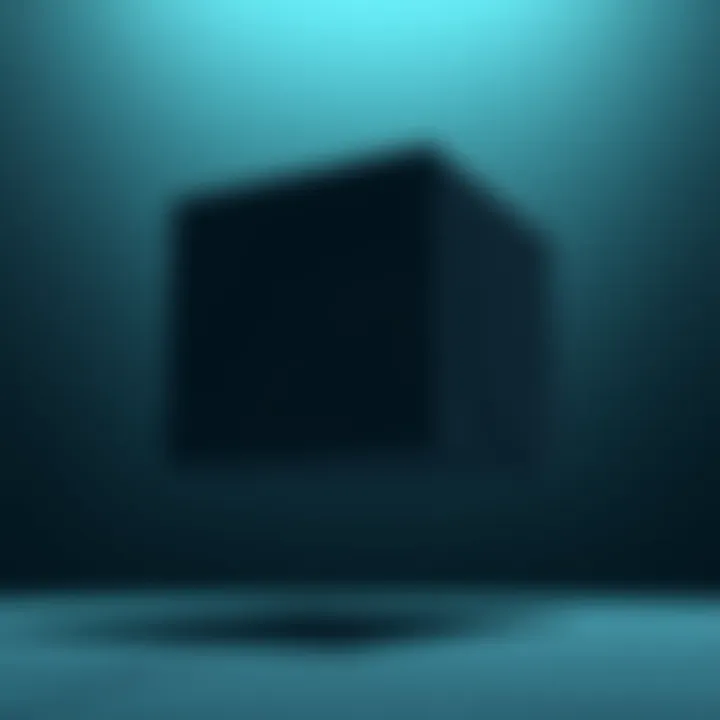 A giant cube hovers in an empty space, casting a shadow, evoking feelings of fear and vulnerability.