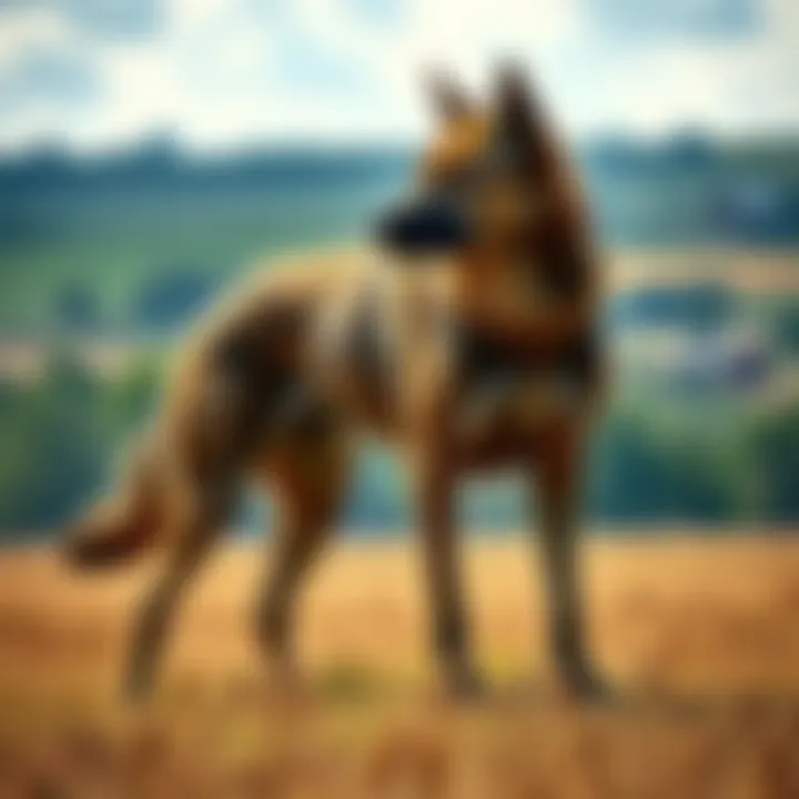 A large, dog-like cryptid stands in a farm field, looking around cautiously, with a rural landscape in the background.