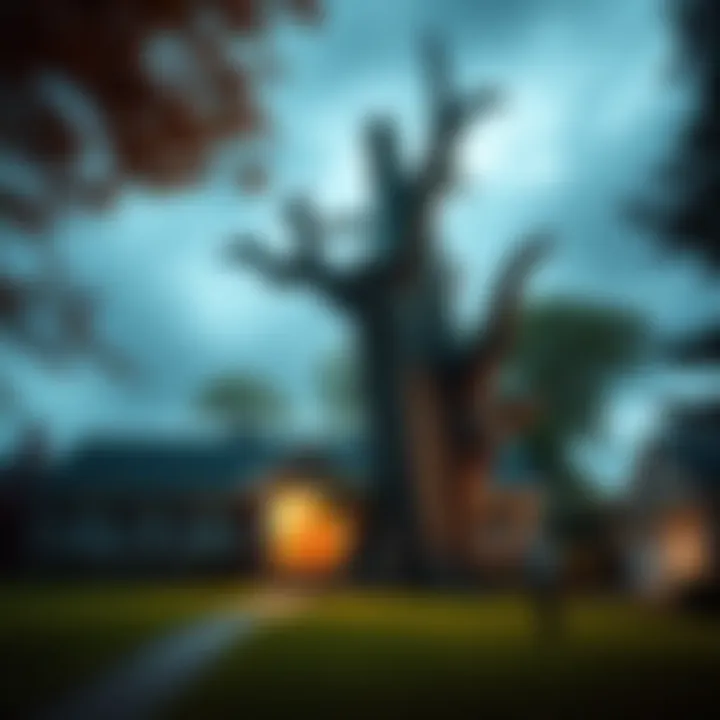 A giant tree suddenly stands in a homeowner's front yard, with a surprised homeowner looking on.