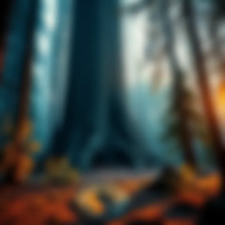 Large tree structure in the woods A massive tree structure in a forest, suggesting possible Bigfoot activity, with a large footprint nearby.