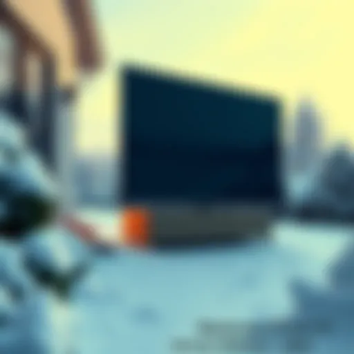 A large 75-inch television is sitting on a doorstep, surrounded by a snowy landscape. No return label is visible on the box.