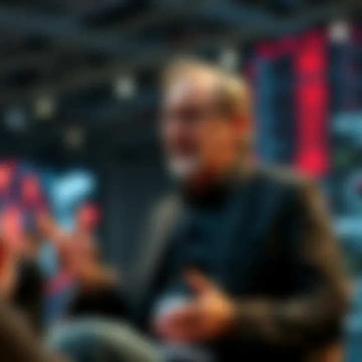 Larry Ellison presenting his vision for AI surveillance systems at a conference, with visuals of surveillance technology in the background.