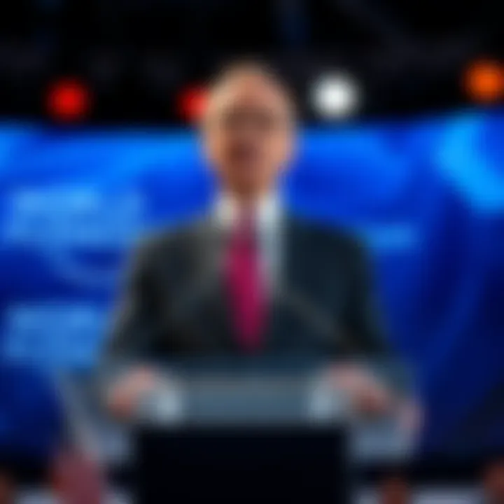 Larry Fink stands at a podium during the World Economic Forum, announcing his role as interim chairman after Klaus Schwab's resignation.