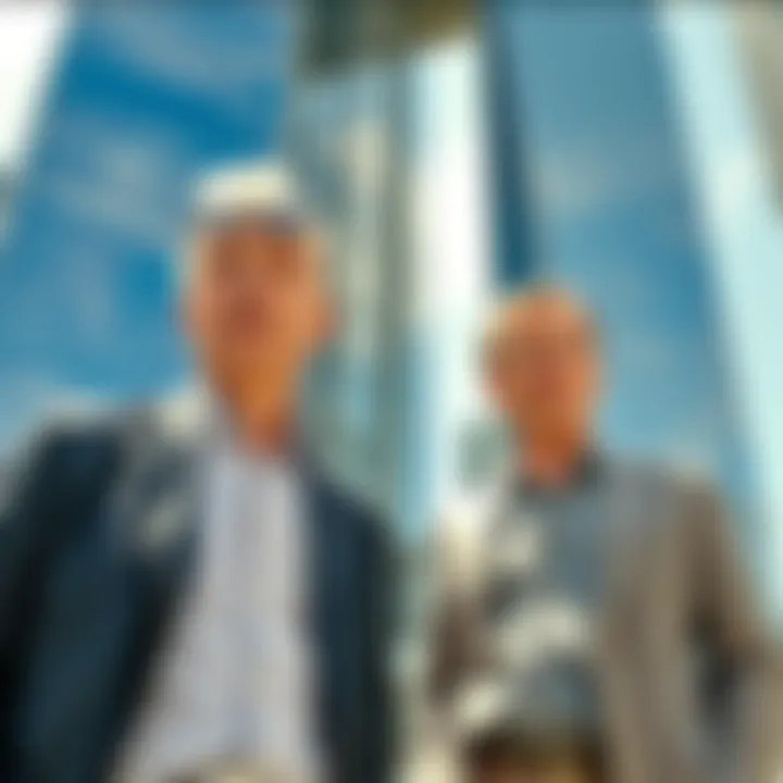 Larry Silverstein and Howard Lutnick standing outside the Twin Towers on a sunny day, both looking casual and relaxed before the events of September 11, 2001.