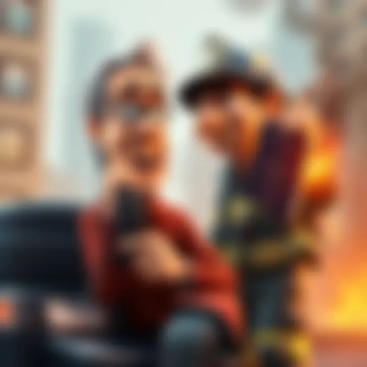 Animated scene of Larry Silverstein on the phone discussing asbestos costs and terrorism insurance, with a firefighter holding a burnt passport in the background.