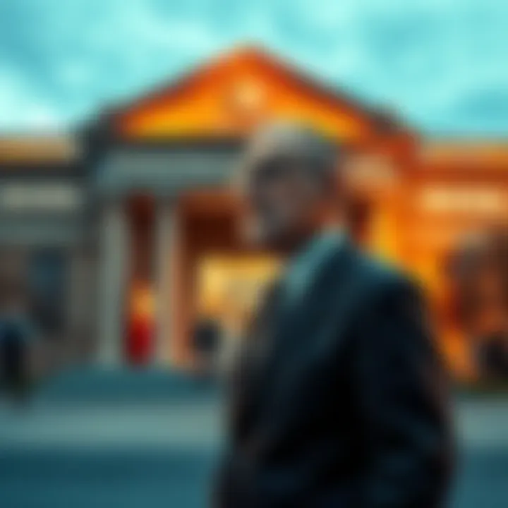 Larry Silverstein standing outside a bank featured in Independence Day, discussing insurance plans.