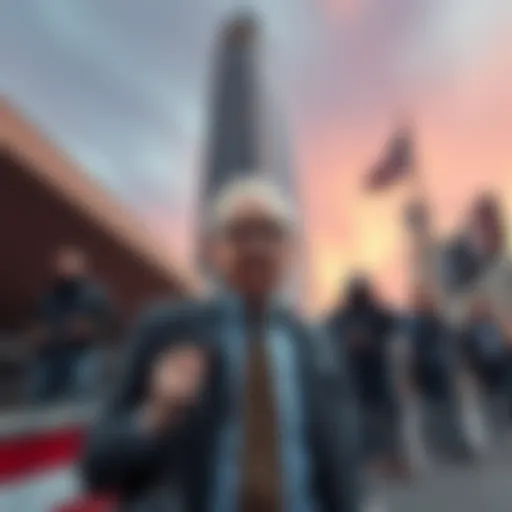 Larry Silverstein stands outside a newly acquired bank tower in California, with a backdrop of heightened security and onlookers expressing concern.