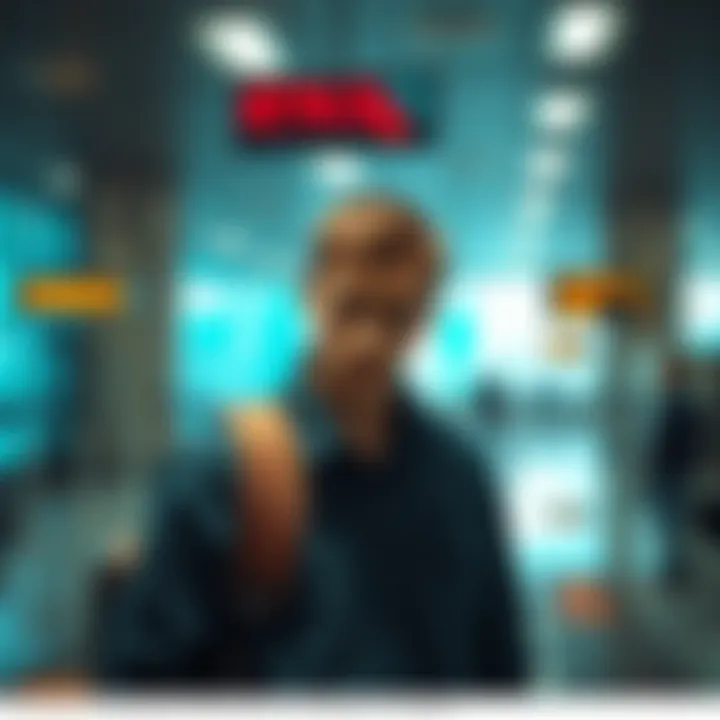 Lars Mittank in an airport A young man with short hair and a worried expression standing near an airport terminal, looking around nervously.