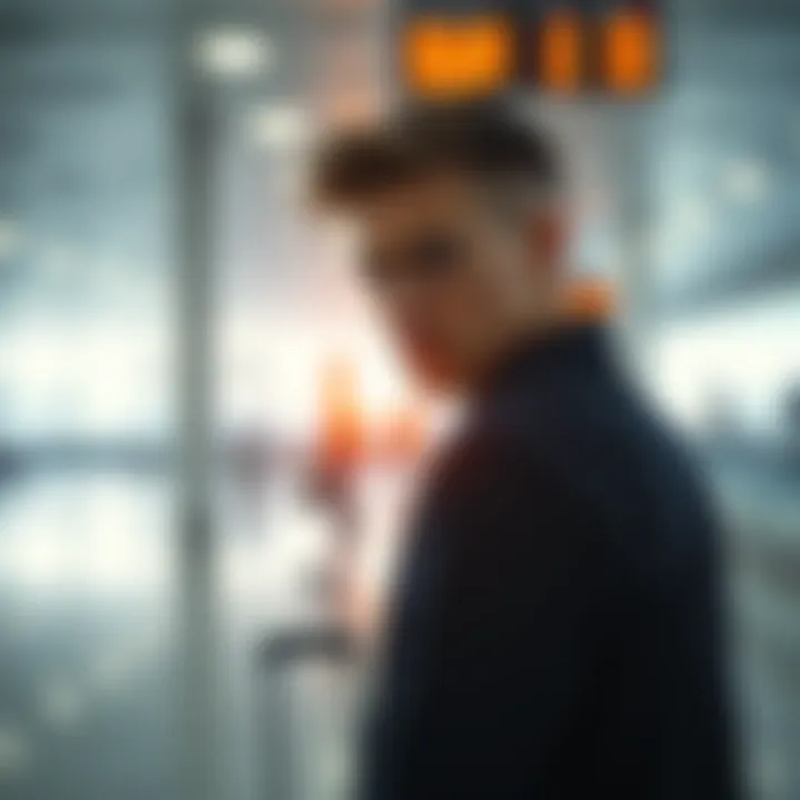 A young man looking anxious in an airport setting, appearing to check over his shoulder as he stands near his luggage, depicting a moment of fear and uncertainty.