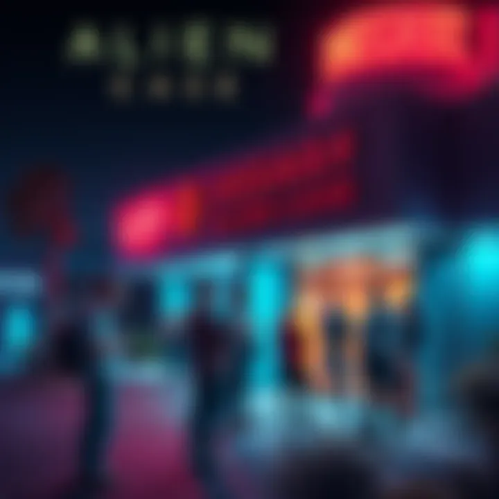 A group of people gathered outside a building discussing the Las Vegas Alien Case with interest.