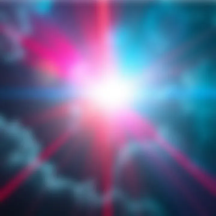 A bright laser beam shines into the sky, highlighting atmospheric effects and colors.
