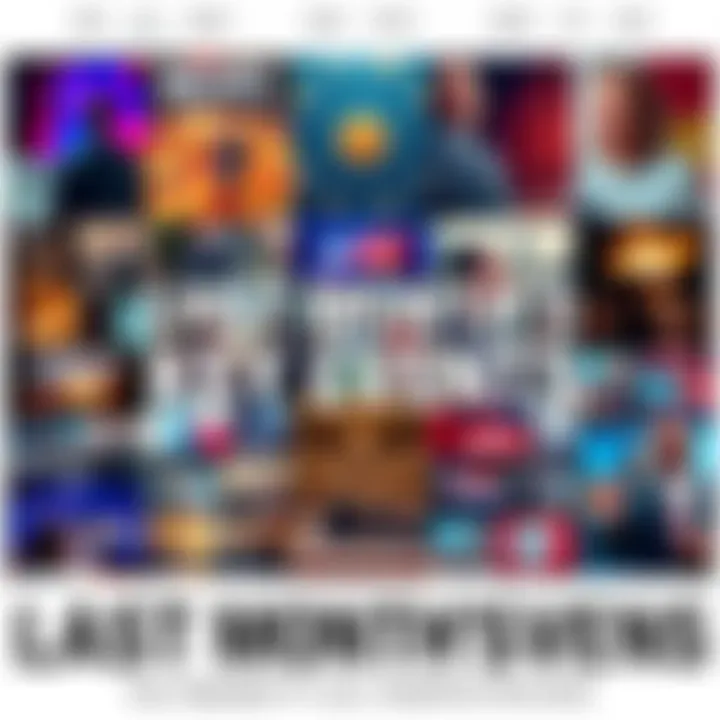 A collage of significant news headlines from last month, featuring images of global events, people discussing news, and iconic symbols related to major stories.