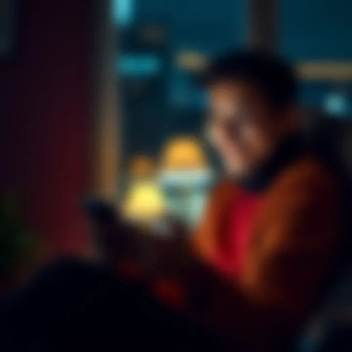 Late Night Texting A person holding a phone, sitting in a dimly lit room, contemplating late-night plans with a mischievous smile.