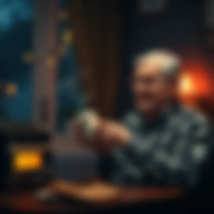 A cozy scene of an elderly man enjoying coffee and toast at night while listening to a radio.