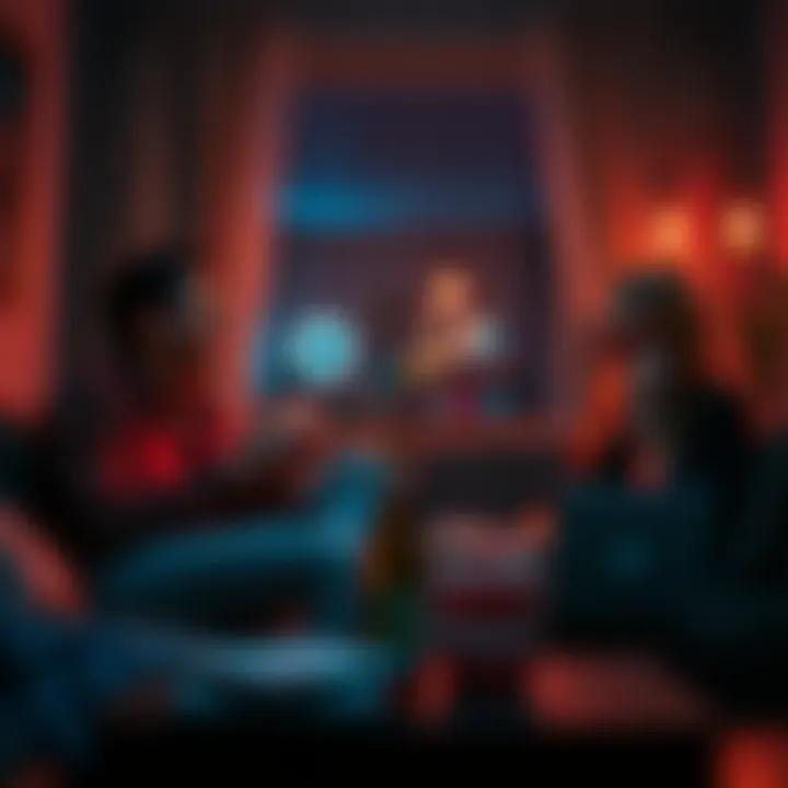 Two friends chatting in a dimly lit room at 3 AM, one laughing while the other shares a story, surrounded by snacks and drinks.