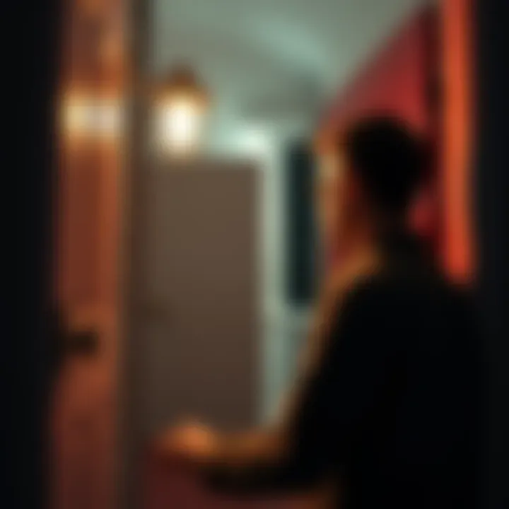 A surprised person at a door, with a visitor discussing Jesus under a porch light at night
