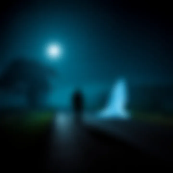 Late night ghost sighting A man walking on a dark country road with a ghostly figure beside him, illuminated by moonlight