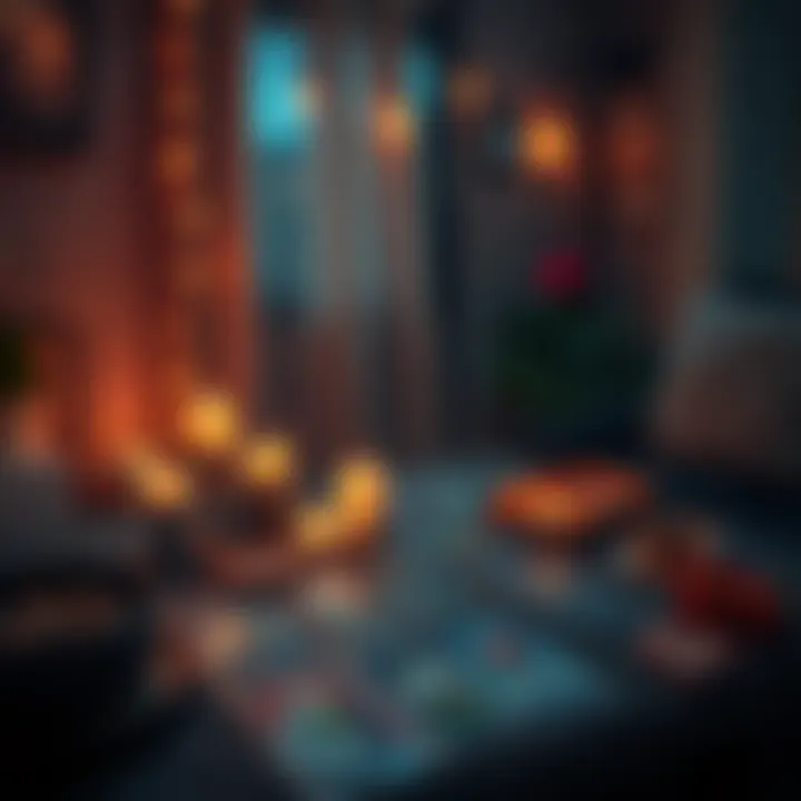 A cozy indoor space with soft lighting, candles, and tarot cards spread on a table, inviting a warm atmosphere for love readings.