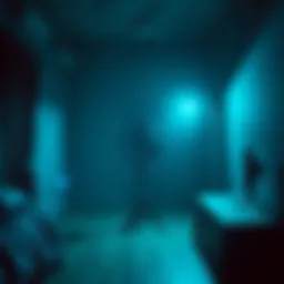 A dimly lit room with a fan mysteriously turned off and shadows in the background, evoking a sense of presence after midnight.