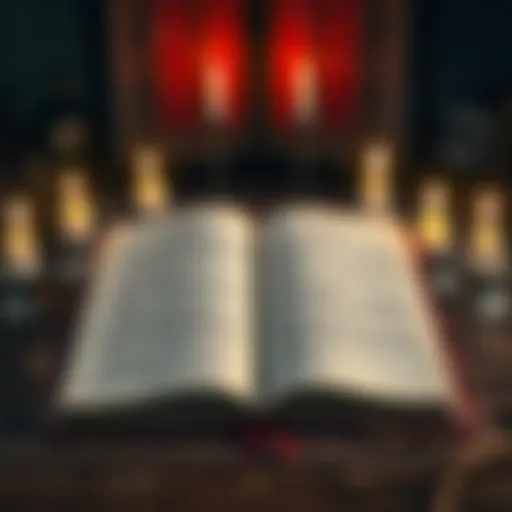 An open spellbook with Latin text and candles surrounding it, set on a wooden table.
