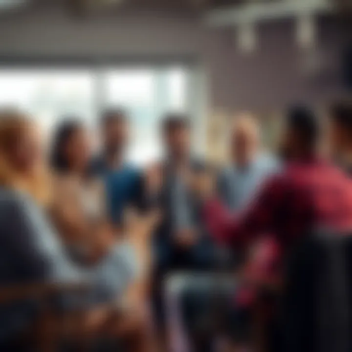 A diverse group of people sitting in a circle, laughing and smiling as one person gestures playfully, highlighting the humor in a lively debate.