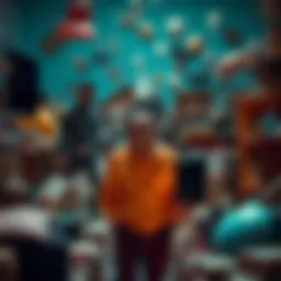 A person laughing while standing in a chaotic scene with mismatched objects around them, symbolizing life's absurdities.