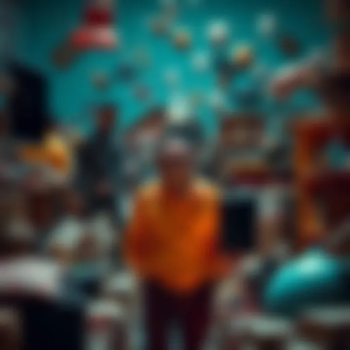 A person laughing while standing in a chaotic scene with mismatched objects around them, symbolizing life's absurdities.