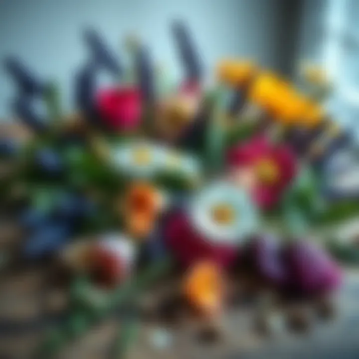 A variety of herbs and flowers displayed as alternatives to lavender for love spells, including roses and chamomile, on a wooden table.