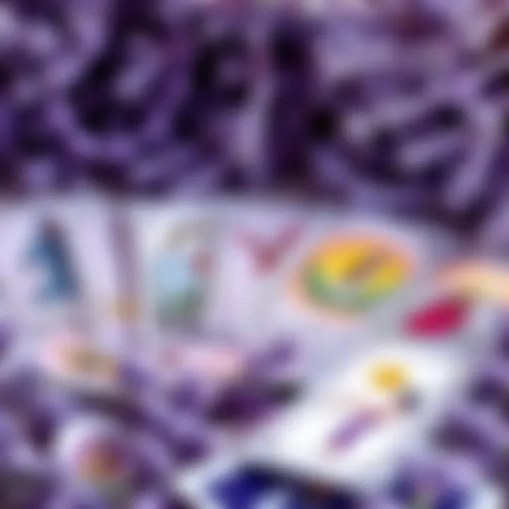 A collection of tarot decks showcasing a lavender color palette, featuring artistic designs and illustrations.