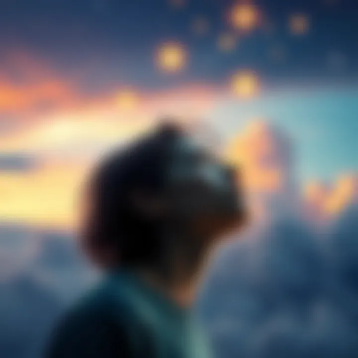 A thoughtful person gazing into the sky, contemplating the nature of their desires and reality, surrounded by symbols of manifestation like stars and clouds.