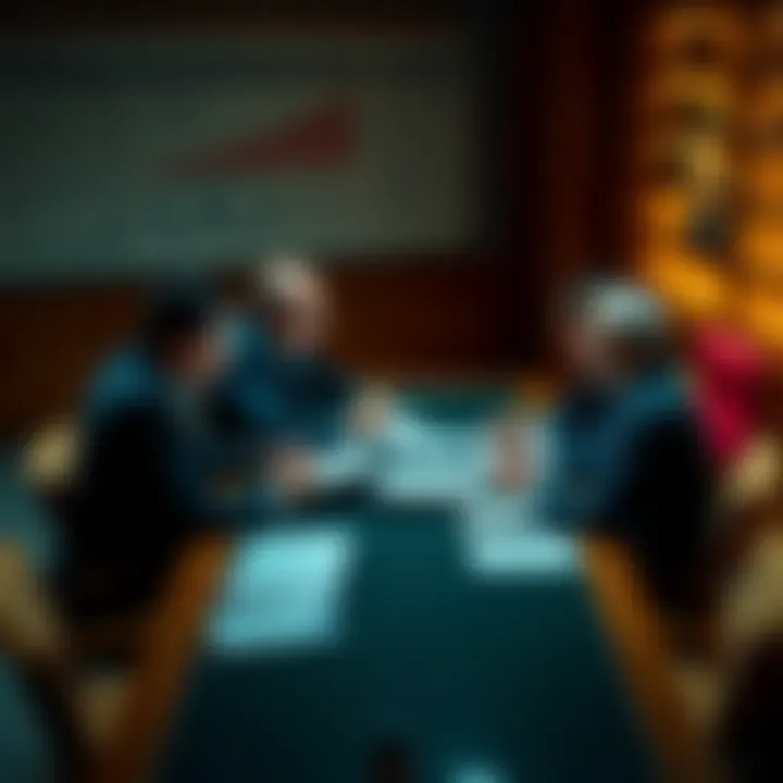 A group of lawmakers in suits sitting around a table, reviewing documents and making notes on laws, with visible graphs and charts on the wall in the background.