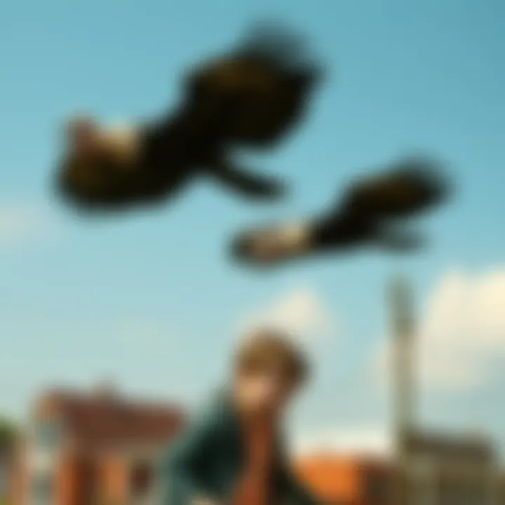 Two large Thunderbirds with black bodies and white ringed necks flying over Lawndale, Illinois, as a boy reaches for safety with his mother nearby.