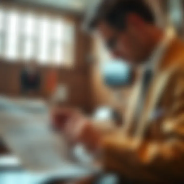 A lawyer analyzing a detailed timeline with key events and dates for a case in a courtroom setting.