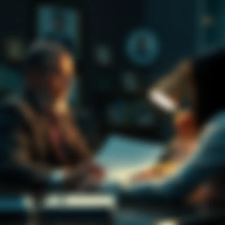 A lawyer meeting with a client, reviewing legal documents and discussing the potential costs and challenges of filing a lawsuit.