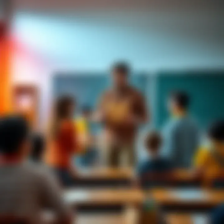 A lead teacher standing in front of a classroom, interacting with students and facilitating a lesson