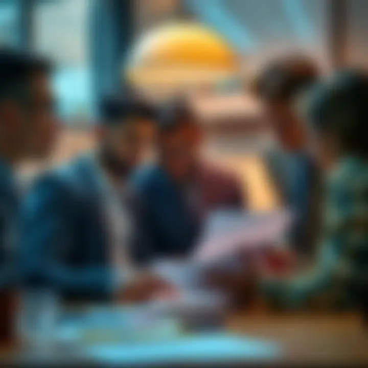 A Self-Projected Projector reviewing notes with a supportive team in an office setting, preparing for a donor meeting focused on queer community initiatives.